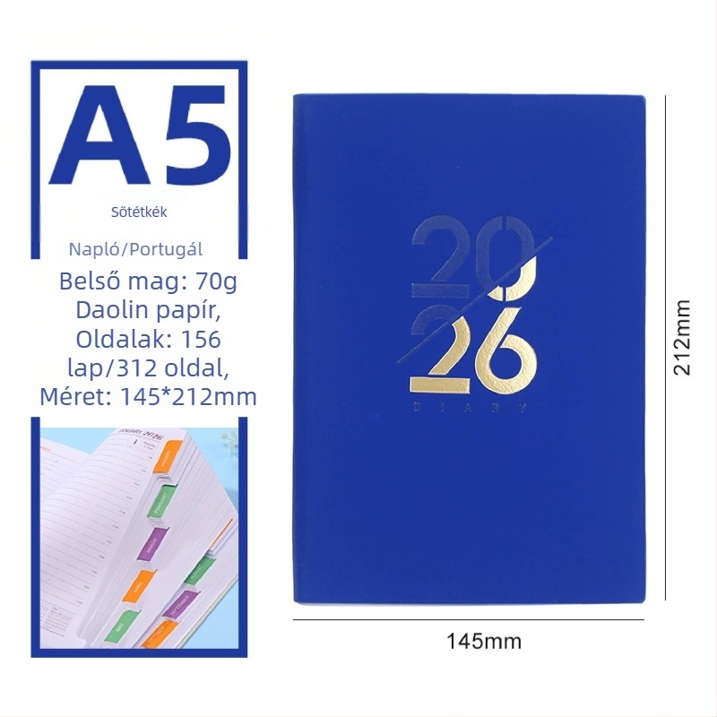 Notebook – 2026-os napi oldalú önfegyelmi tervező naptárral, PU borító, Dowling papír, 80 g/m², 300–400 oldal, Üzleti stílus