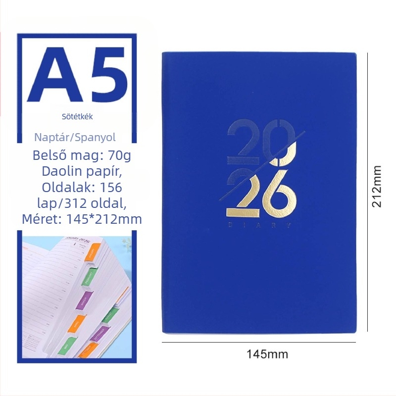 Notebook – 2026-os napi oldalú önfegyelmi tervező naptárral, PU borító, Dowling papír, 80 g/m², 300–400 oldal, Üzleti stílus
