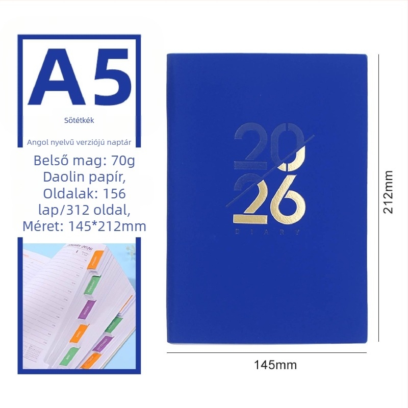 Notebook – 2026-os napi oldalú önfegyelmi tervező naptárral, PU borító, Dowling papír, 80 g/m², 300–400 oldal, Üzleti stílus
