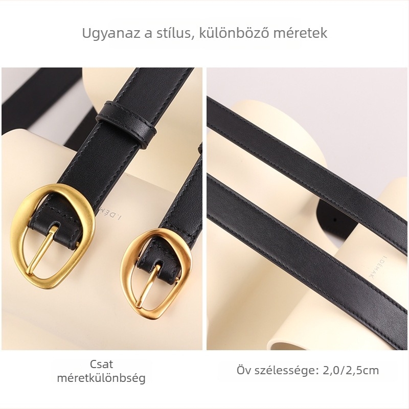 Női valódi bőrből készült öv, felső réteg marhabőrből, kis méret, dekoratív derékszíj, ötvözetű tűs csattal, 100 cm hosszú, 2–4 cm széles, Joker stílus