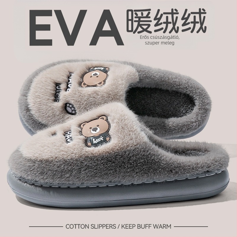 Férfi beltéri papucs vastag talppal, velúr felső, EVA talp, plüss belső rész, szabadidős stílus, őszi–téli 2025