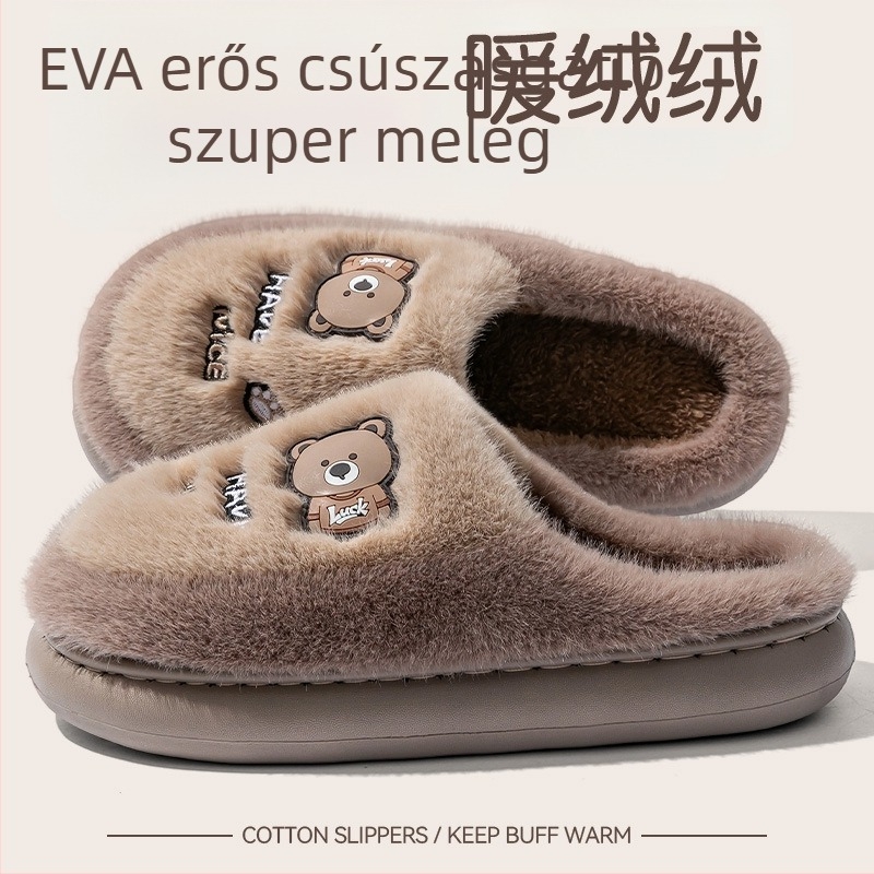 Férfi beltéri papucs vastag talppal, velúr felső, EVA talp, plüss belső rész, szabadidős stílus, őszi–téli 2025