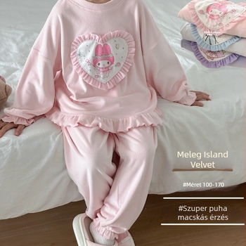 Gyerek Island Velvet meleg pizsama szett – Cartoon mintázat, 92% poliészter, vastagított anyag, koreai stílus, 3–8 éveseknek