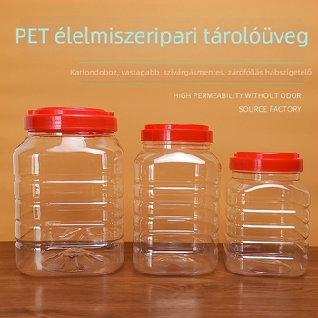Négyszögletes lezárt műanyag mézesüveg fedővel, 1-2 L, élelmiszer-minőség