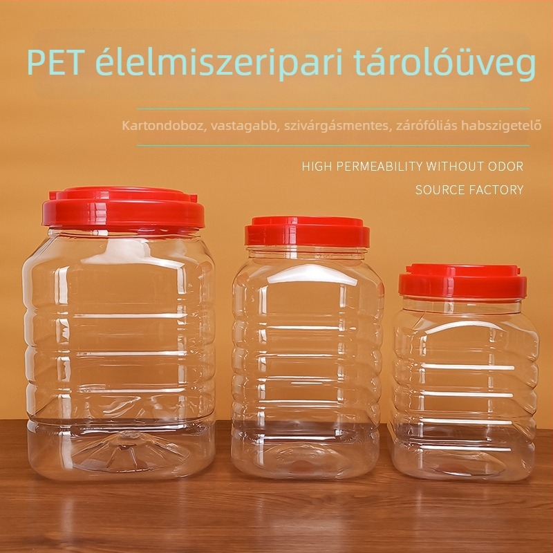 Négyszögletes lezárt műanyag mézesüveg fedővel, 1-2 L, élelmiszer-minőség