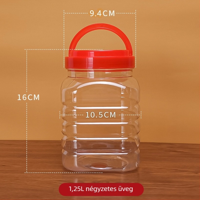 Négyszögletes lezárt műanyag mézesüveg fedővel, 1-2 L, élelmiszer-minőség