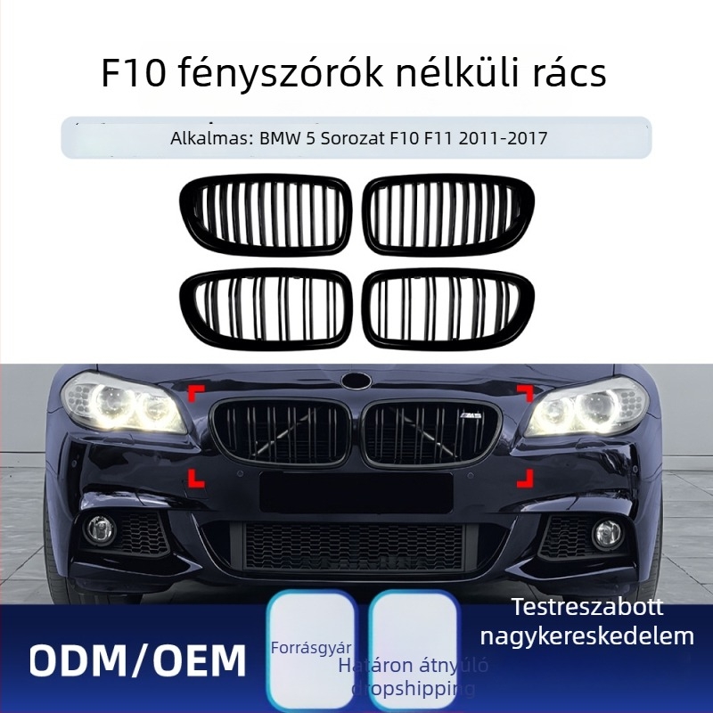 BMW 5 Series F10/F11 2011–2017 ABS előlökhárító légbeömlő rács, vízszintes és párhuzamos rudak egysoros hálózattal, súly 1,2 kg