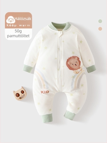 Uniszex csecsemő hálózsák cipzárral, 80 cm, tavasz–ősz, állandó hőmérséklet, pamut külső és bélés, poliészter töltet, szétválasztott lábak