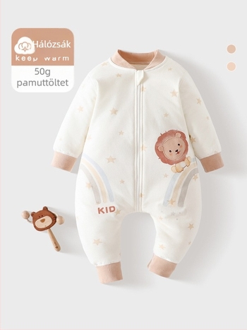 Uniszex csecsemő hálózsák cipzárral, 80 cm, tavasz–ősz, állandó hőmérséklet, pamut külső és bélés, poliészter töltet, szétválasztott lábak