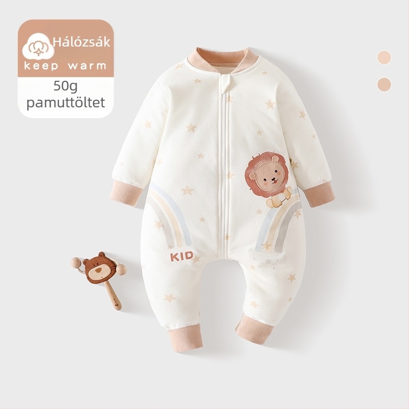 Uniszex csecsemő hálózsák cipzárral, 80 cm, tavasz–ősz, állandó hőmérséklet, pamut külső és bélés, poliészter töltet, szétválasztott lábak
