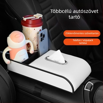 Autóba szerelhető zsebkendő-doboz kartámasz alatti tárolóval, bőr, modell 005, univerzális kompatibilitás, testreszabható