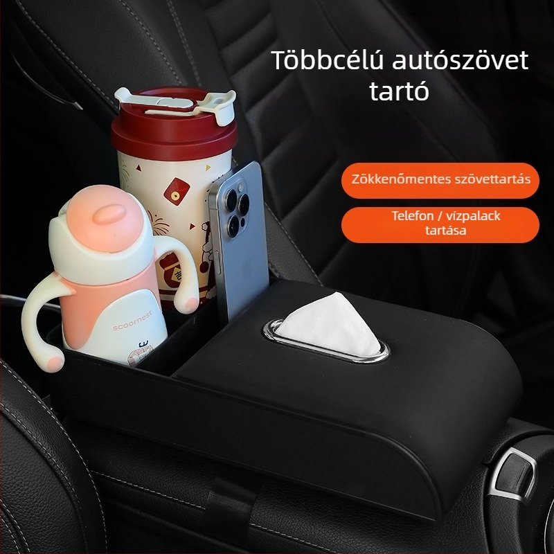 Autóba szerelhető zsebkendő-doboz kartámasz alatti tárolóval, bőr, modell 005, univerzális kompatibilitás, testreszabható