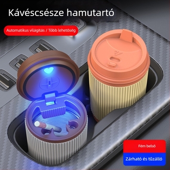 Autóba való hamutartó gyantából, LED világítással és fedéllel, kettős használat autó és otthon, súly 0,5 kg, öntéssel készült, első osztályú termék