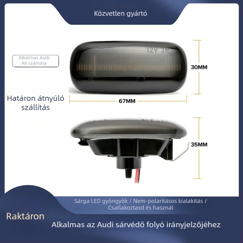 Audi sárvédő oldalirányjelző fény, kompatibilis A3/S3/A4/S4/A6/S6/RS6/B6/B7/B8/C7 modellekhez; LED 2835, 5W, 12V, 3000K, élettartam 50 000 óra