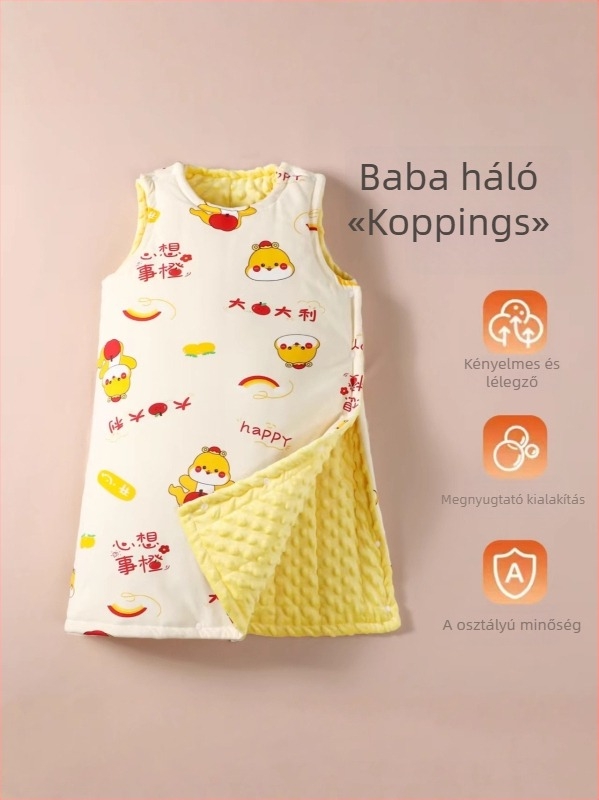 Gyerekeknek készült mellény-stílusú hálózsák poliészter anyagból, belső és töltet poliészterrel, téli–tavaszi–ősz idejére, 3–8 éveseknek.