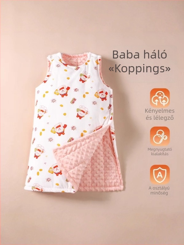 Gyerekeknek készült mellény-stílusú hálózsák poliészter anyagból, belső és töltet poliészterrel, téli–tavaszi–ősz idejére, 3–8 éveseknek.