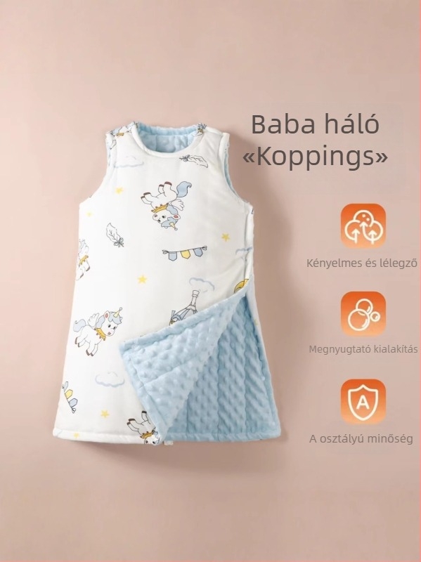 Gyerekeknek készült mellény-stílusú hálózsák poliészter anyagból, belső és töltet poliészterrel, téli–tavaszi–ősz idejére, 3–8 éveseknek.