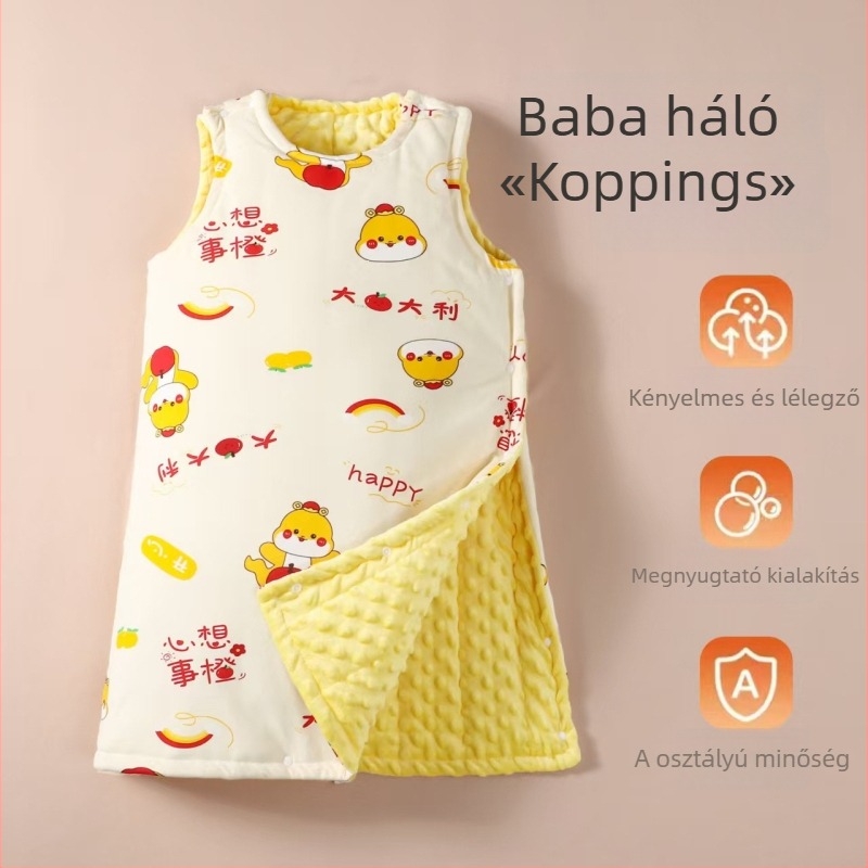 Gyerekeknek készült mellény-stílusú hálózsák poliészter anyagból, belső és töltet poliészterrel, téli–tavaszi–ősz idejére, 3–8 éveseknek.