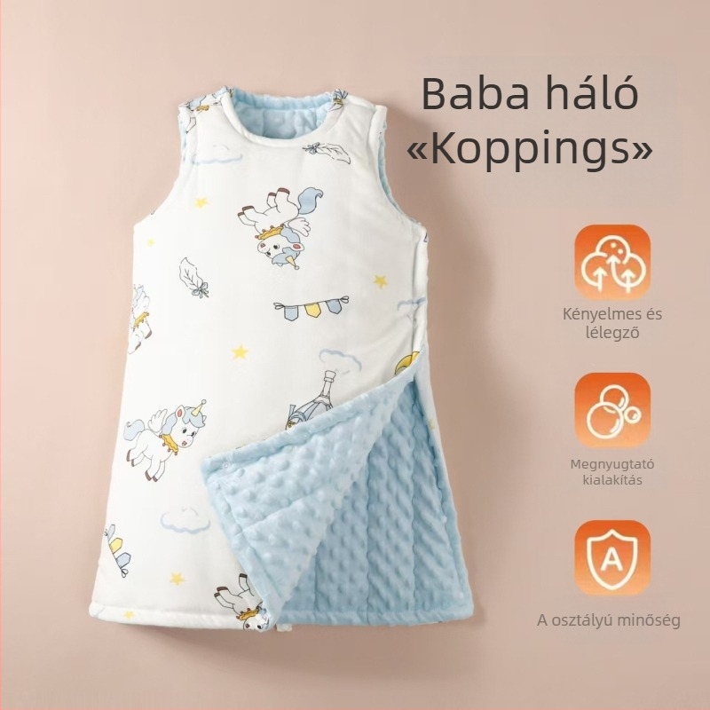 Gyerekeknek készült mellény-stílusú hálózsák poliészter anyagból, belső és töltet poliészterrel, téli–tavaszi–ősz idejére, 3–8 éveseknek.