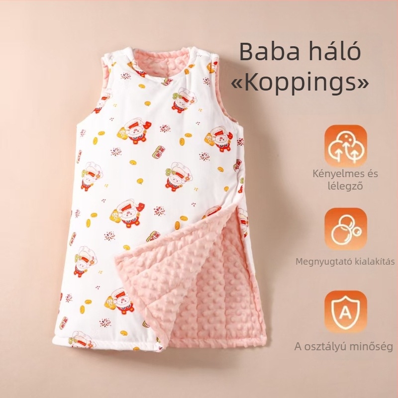 Gyerekeknek készült mellény-stílusú hálózsák poliészter anyagból, belső és töltet poliészterrel, téli–tavaszi–ősz idejére, 3–8 éveseknek.