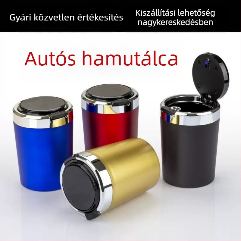 Autóba szerelhető hamutál fedéllel és fém belsővel, egygombos nyitás, lágy világítás, modell 00022, autóhoz és otthoni használatra