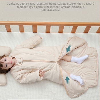 Gyerekeknek készült alvózsák ujj-stílusú takaróval, vastag külső és bélés 95% feletti pamutból, töltet poliészter-pamut, csíkos mintázat, téli–tavaszi–ősz, nedvesség-elvezetés, biztonsági osztály A, 3–8 éveseknek