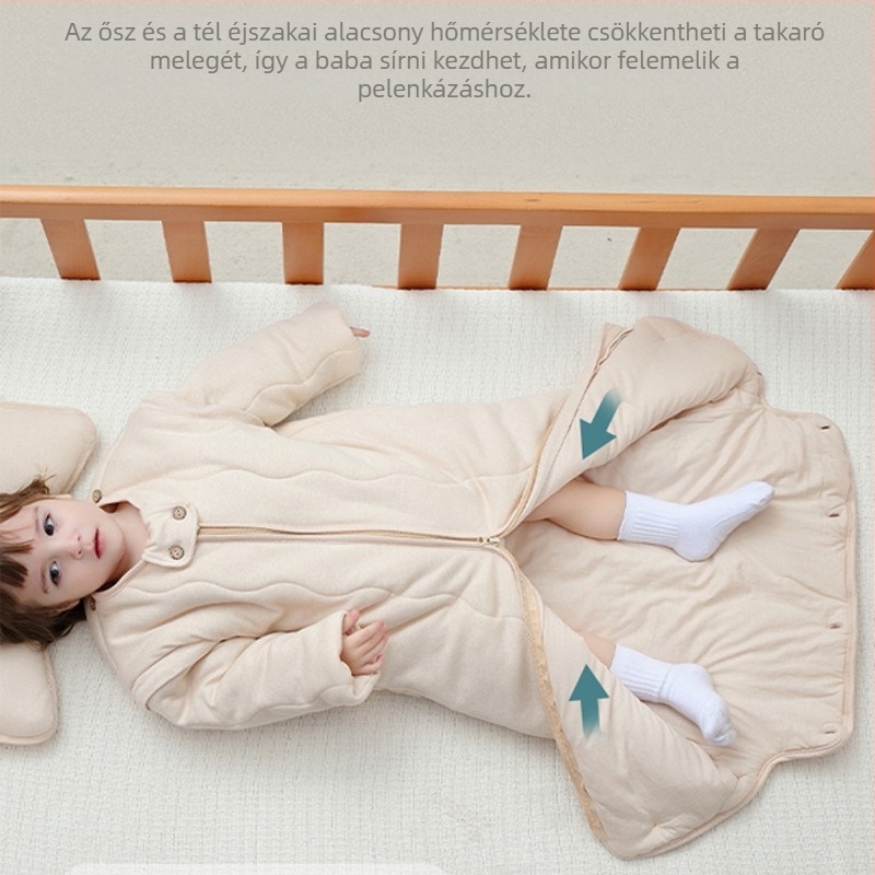 Gyerekeknek készült alvózsák ujj-stílusú takaróval, vastag külső és bélés 95% feletti pamutból, töltet poliészter-pamut, csíkos mintázat, téli–tavaszi–ősz, nedvesség-elvezetés, biztonsági osztály A, 3–8 éveseknek