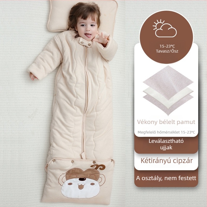 Gyerekeknek készült alvózsák ujj-stílusú takaróval, vastag külső és bélés 95% feletti pamutból, töltet poliészter-pamut, csíkos mintázat, téli–tavaszi–ősz, nedvesség-elvezetés, biztonsági osztály A, 3–8 éveseknek