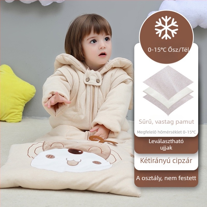 Gyerekeknek készült alvózsák ujj-stílusú takaróval, vastag külső és bélés 95% feletti pamutból, töltet poliészter-pamut, csíkos mintázat, téli–tavaszi–ősz, nedvesség-elvezetés, biztonsági osztály A, 3–8 éveseknek