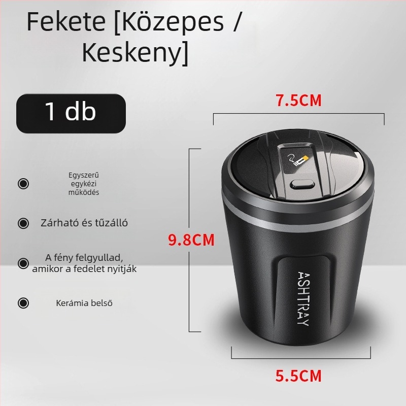 Autókerámia hamutál fedővel és LED világítással, modell 1507, 200 g