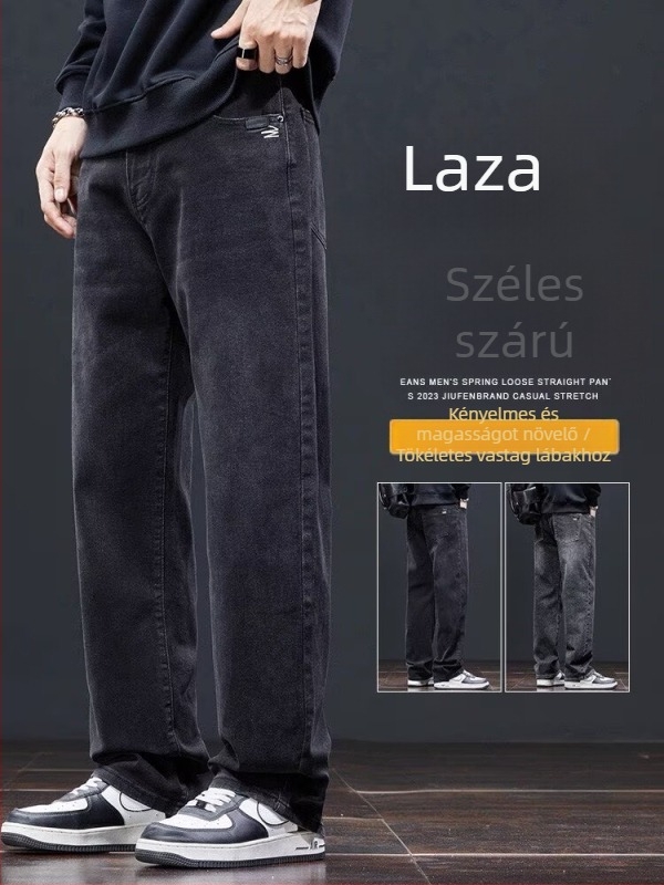 Férfi farmernadrág, pamut anyag, középső derék, egyenes szár, mikroelasztikus, cipzáras zárás