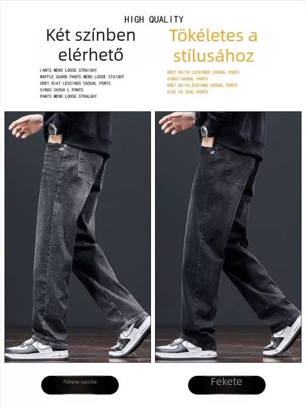 Férfi farmernadrág, pamut anyag, középső derék, egyenes szár, mikroelasztikus, cipzáras zárás