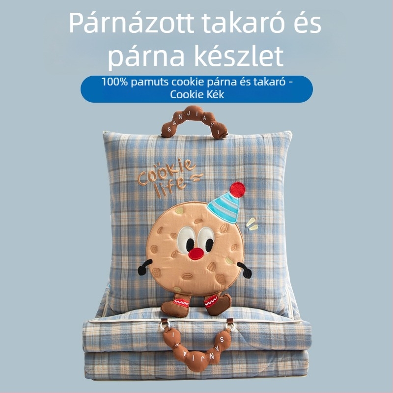 Párna–kendő pamutból – külső pamut anyag; hímzés és quiltelés; minta: rajzfilmfigurák, csíkos és kockás; multifunkcionális, két az egyben az autó belső részéhez