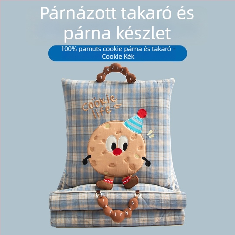 Párna–kendő pamutból – külső pamut anyag; hímzés és quiltelés; minta: rajzfilmfigurák, csíkos és kockás; multifunkcionális, két az egyben az autó belső részéhez