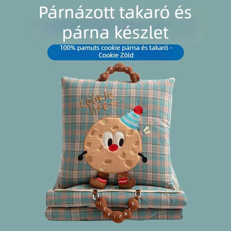 Párna–kendő pamutból – külső pamut anyag; hímzés és quiltelés; minta: rajzfilmfigurák, csíkos és kockás; multifunkcionális, két az egyben az autó belső részéhez