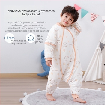 Pamutból készült baba alvózsák cipzárral és szétválasztott lábakkal, termosztatikusan szabályozható, őszi–téli vastag