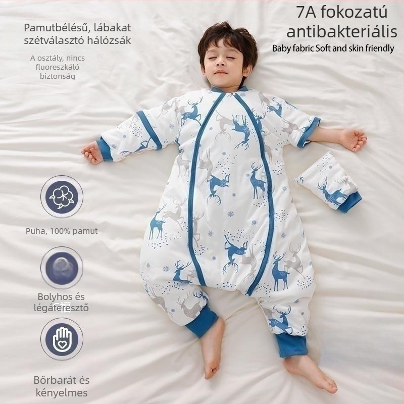 Pamutból készült baba alvózsák cipzárral és szétválasztott lábakkal, termosztatikusan szabályozható, őszi–téli vastag