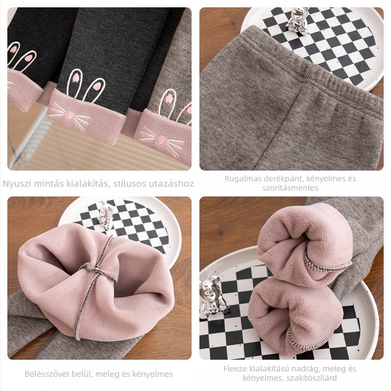 Lányoknak szóló leggings fleece béléssel, 90% poliészter, elasztikus derék, 3–8 éveseknek, ősz–tél