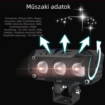 Három-diódás LED motorkerékpár reflektor, IP67, 36W, 8-80V, alumínium ház, LED 3570