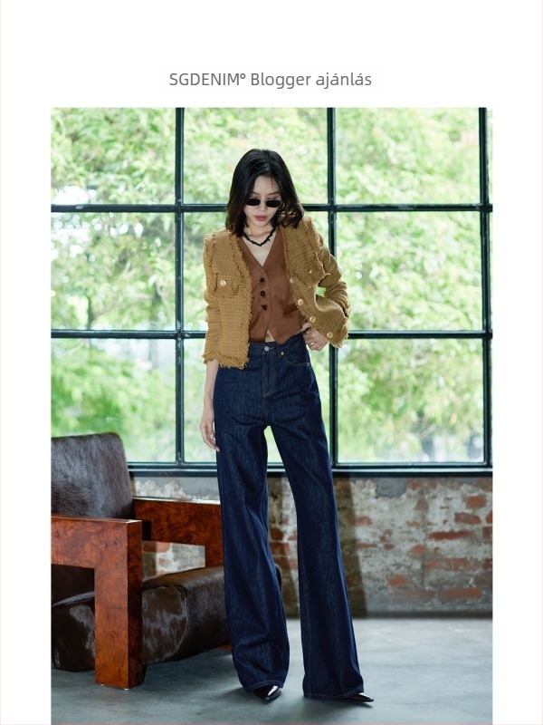 Női magas derekú, széles szárú farmer, eredeti denim, retro laza fazon, teljes hossz, ősz-téli kollekció