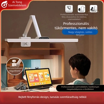 Tanuláshoz tervezett asztali lámpa teljes spektrumú LED-del, szemvédő, csipeszes olvasó lámpa, fényerő szabályozható, USB tápegység, érintéses vezérlés, 18W, CRI ≥95