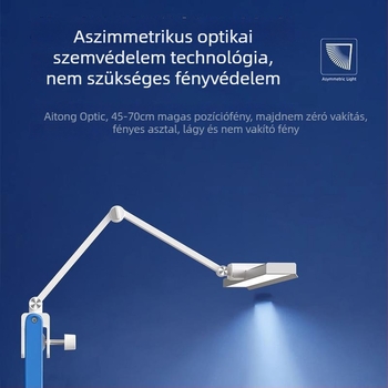 Tanuláshoz tervezett asztali lámpa teljes spektrumú LED-del, szemvédő, csipeszes olvasó lámpa, fényerő szabályozható, USB tápegység, érintéses vezérlés, 18W, CRI ≥95
