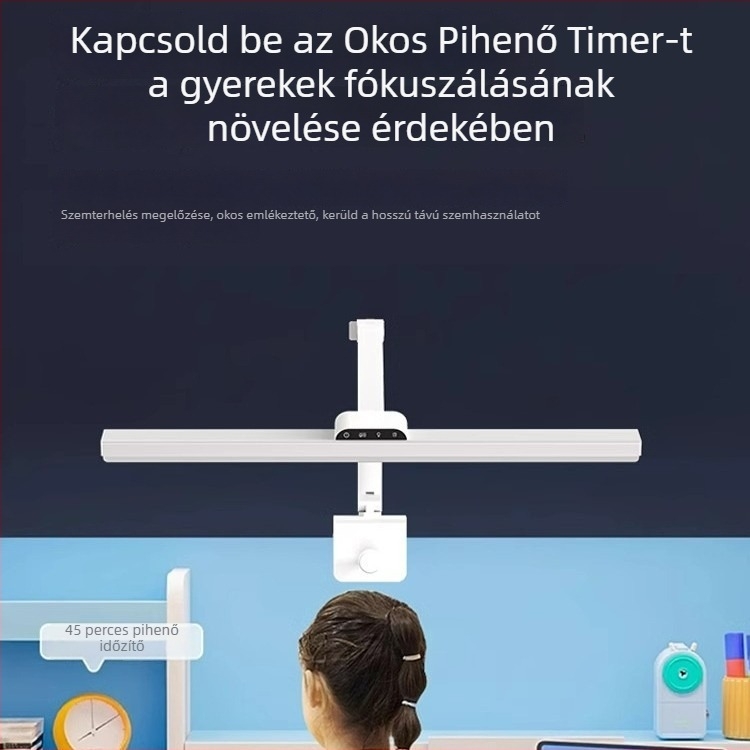 Tanuláshoz tervezett asztali lámpa teljes spektrumú LED-del, szemvédő, csipeszes olvasó lámpa, fényerő szabályozható, USB tápegység, érintéses vezérlés, 18W, CRI ≥95