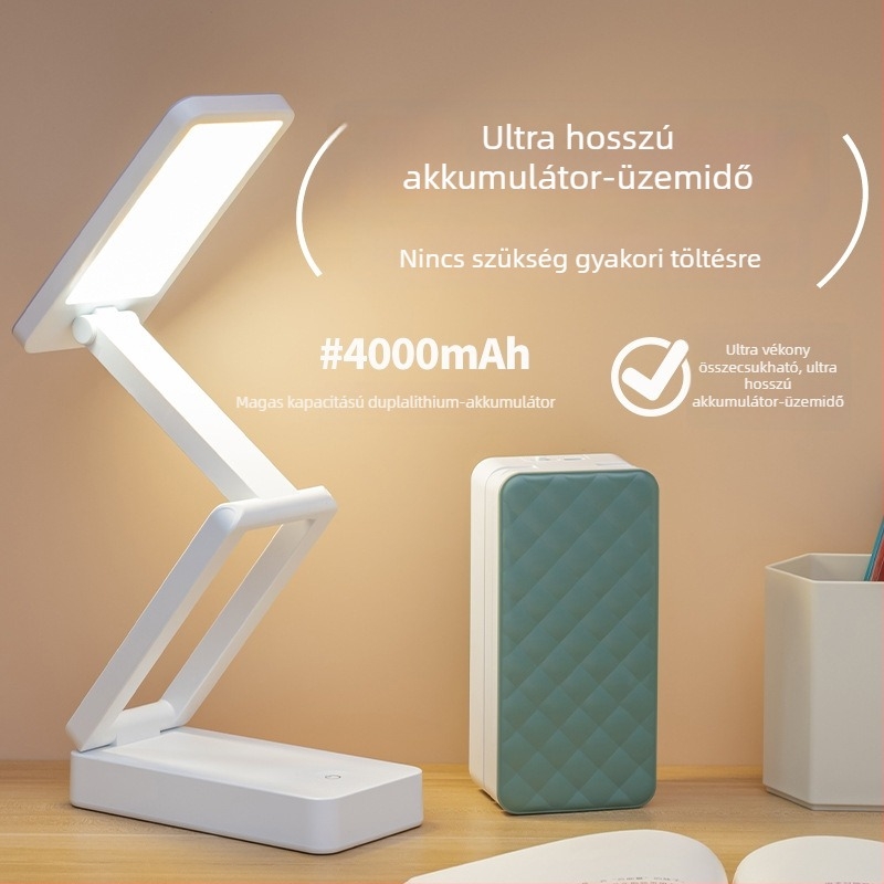 Összecsukható asztali lámpa beépített Li-ion akkumulátorral, érintés-kapcsoló, szemkímélő kialakítás, CRI 70–79