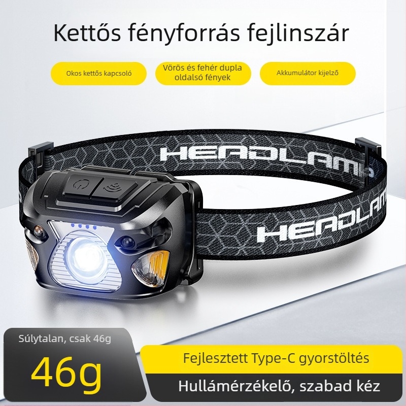 LED szenzoros fejlámpa hosszú üzemidejű akkumulátorral, USB töltéssel, 5W LED, 800 mAh akkumulátor, ideális horgászathoz, kirándulásokhoz és szabadban kerékpározáshoz