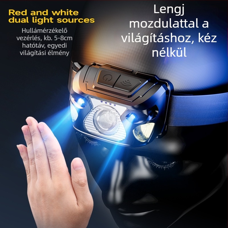 LED szenzoros fejlámpa hosszú üzemidejű akkumulátorral, USB töltéssel, 5W LED, 800 mAh akkumulátor, ideális horgászathoz, kirándulásokhoz és szabadban kerékpározáshoz