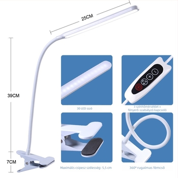 LED klíp-lámpa szemvédelemhez, USB tápegység, CRI ≥ 90, megvilágítás National AA szint, éjszakai fény