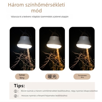 Kemping LED lámpa sátorhoz akasztós tartozékkal, újratölthető, 3.7V, 10W, nyomógombos kapcsoló