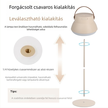 Kemping LED lámpa sátorhoz akasztós tartozékkal, újratölthető, 3.7V, 10W, nyomógombos kapcsoló