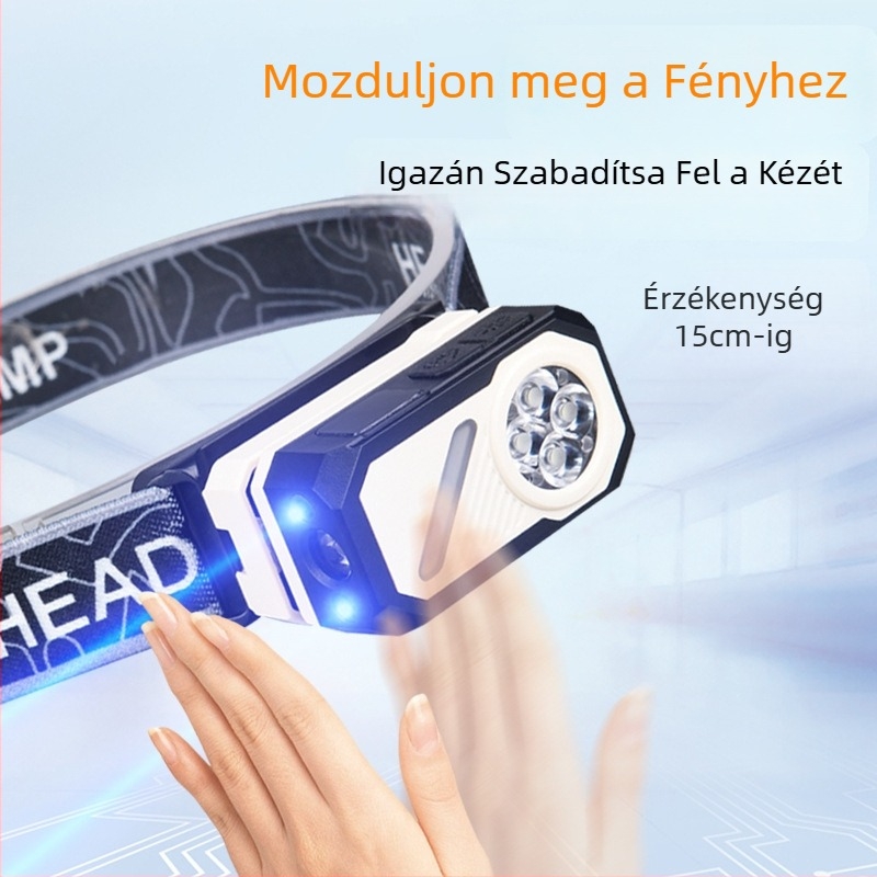 Fejlámpa szenzorral, mágneses csipesz, USB-C töltés, digitális kijelző, 5W